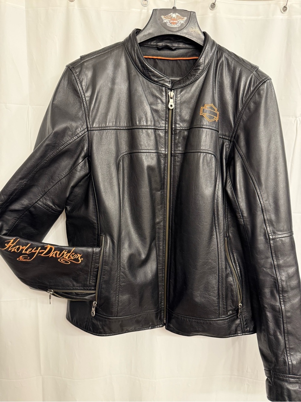 Harley-Davidson Black Leather Jacket with Orange Logo Accents